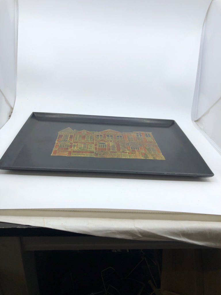 VTG BLACK RECTANGLE TRAY W CARVED CITY SCAPE.