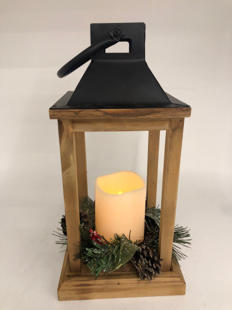 WOODEN BATTERY CANDLE LANTERN W/ WINTER PIP.