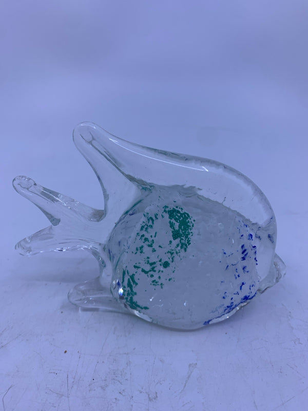 FISH GLASS PAPER WEIGHT W WHITE BLUE AND GREEN.