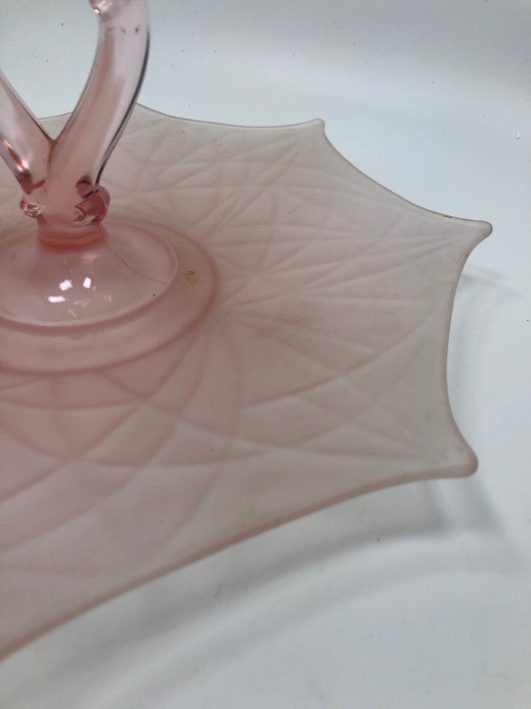 VTG FROSTED PINK GLASS UMBRELLA TRAY.