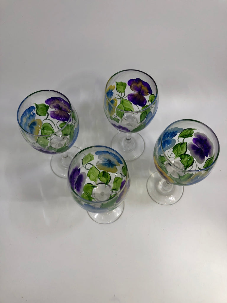 4 PANSY PAINTED WINE GLASSES.