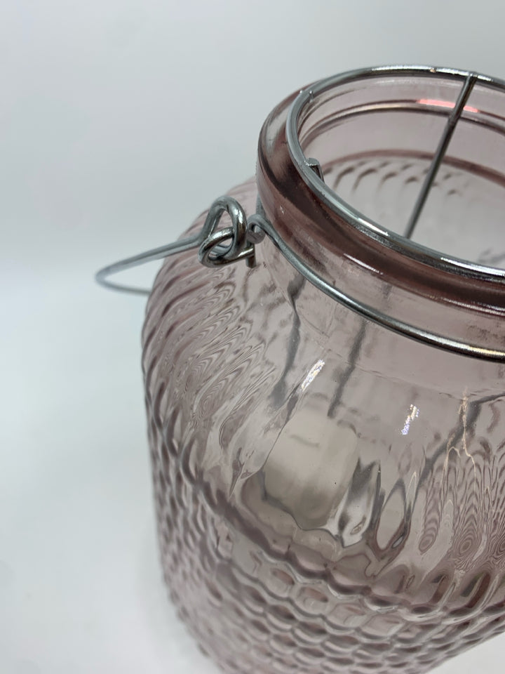 PINK GLASS TEA LIGHT LANTERN.