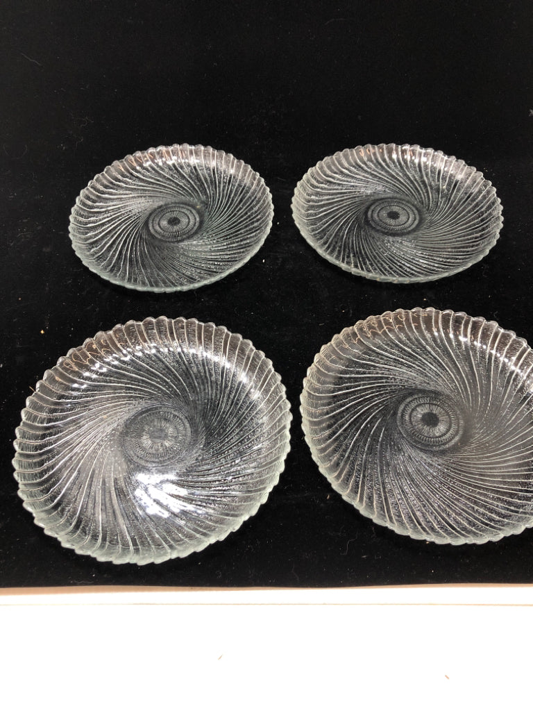 4 FROSTED SWIRL CLEAR GLASS DESSERT PLATES.