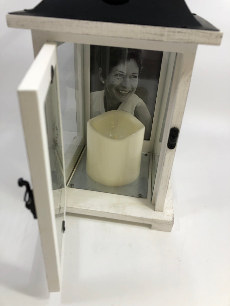 "YOUR LIGHT" METAL&WHITE WOOD LANTERN W/BATTERY CANDLE.