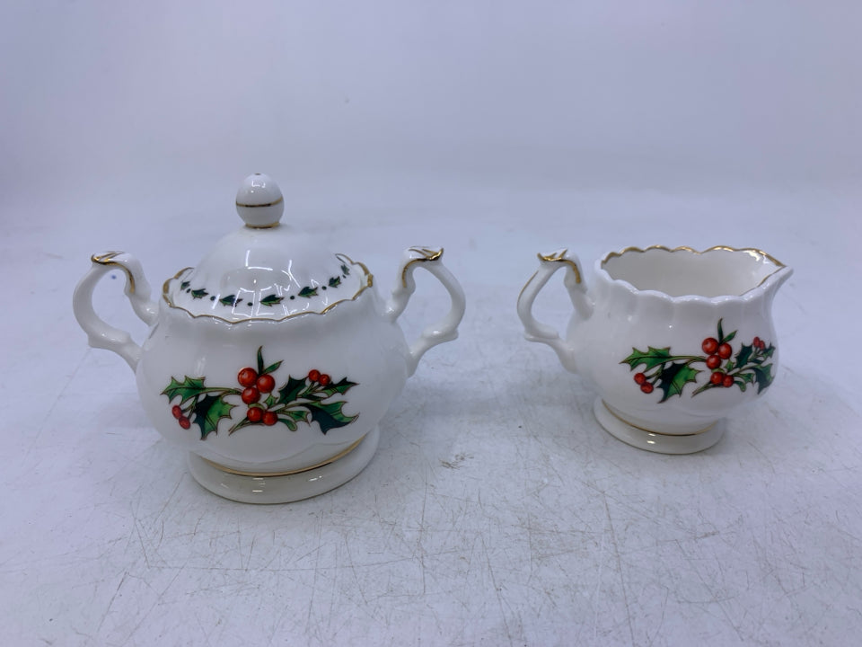 SMALL SUG/CREAMER W/ HOLLY A CUP OF CHRISTMAS TEA.