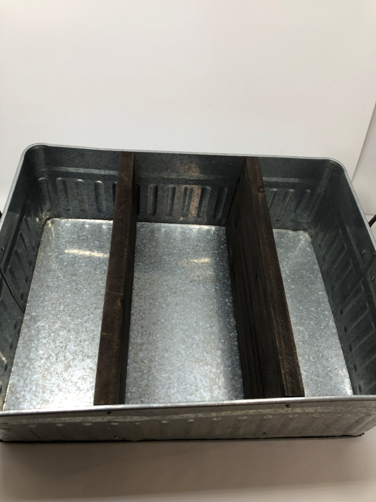 GALVANIZED SECTIONED BASKET W/METAL HANDLES AND WOOD SECTIONS.