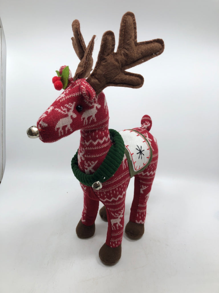 STANDING RED PLUSH REINDEER W/ GREEN COLLARS.