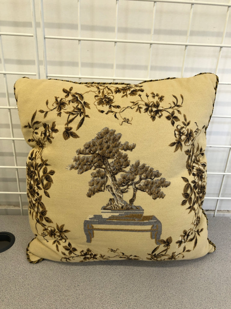 EMBROIDERED BONSAI PILLOW W/BRAIDED EDGE.