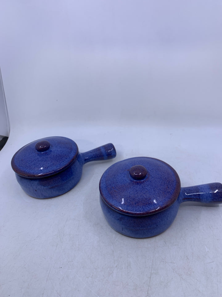 2 BLUE/PURPLE TERRA COTTA FRENCH ONION SOUP CROCKS W/ LIDS RIMS UNEVEN.