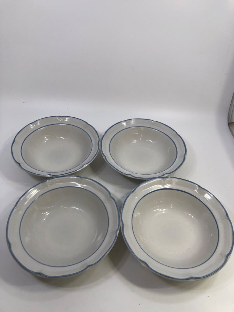4 COVINGTON STONEWARE BLUE STRIPE BOWLS.