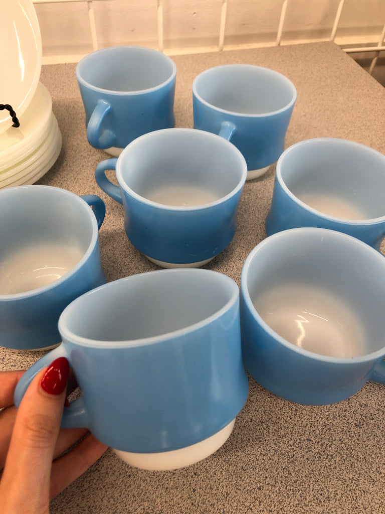 16PC VTG BLUE MOSAIC FIRE-KING: 7 CUP/SAUCERS + 2 SUGAR BOWLS.