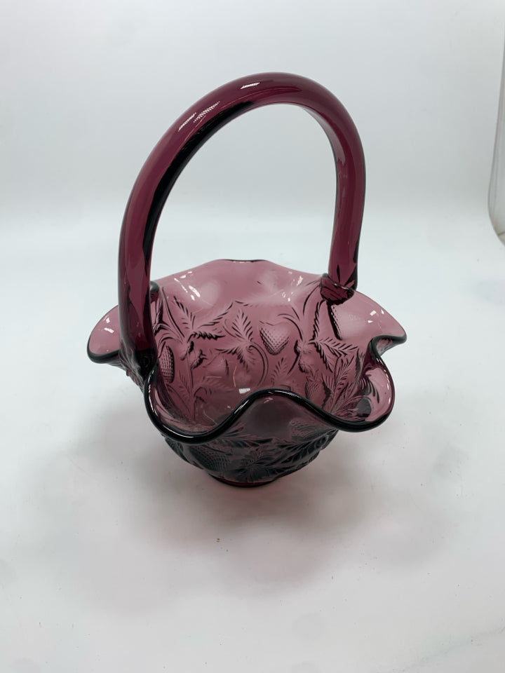 VTG PURPLE GLASS BASKET W/ETCHED STRAWBERRIES.