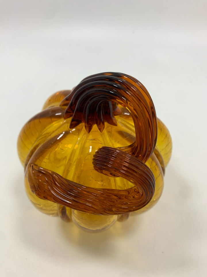 AMBER GLASS BLOWN PUMPKIN W/SPIRAL GLASS STEM.