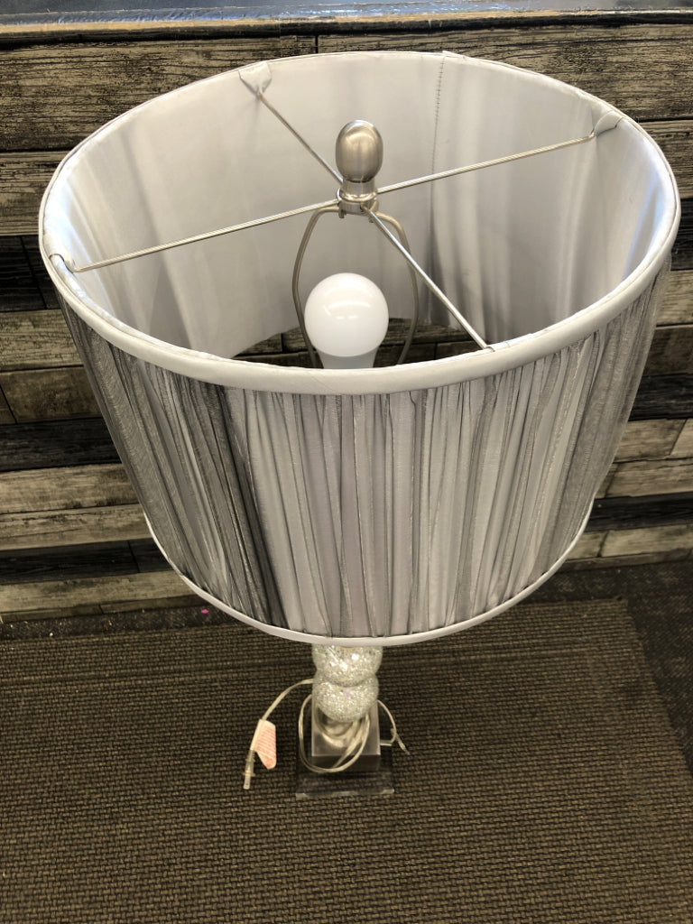 SILVER BASE LAMP W/CRYSTAL BALLS.