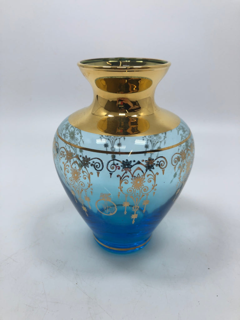 BLUE GLASS VASE W/GOLD GILT OVERLAY.