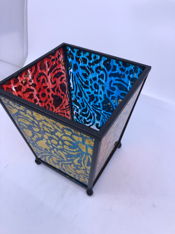 BLUE AND RED STAINED GLASS FOOTED CANDLE HOLDER.