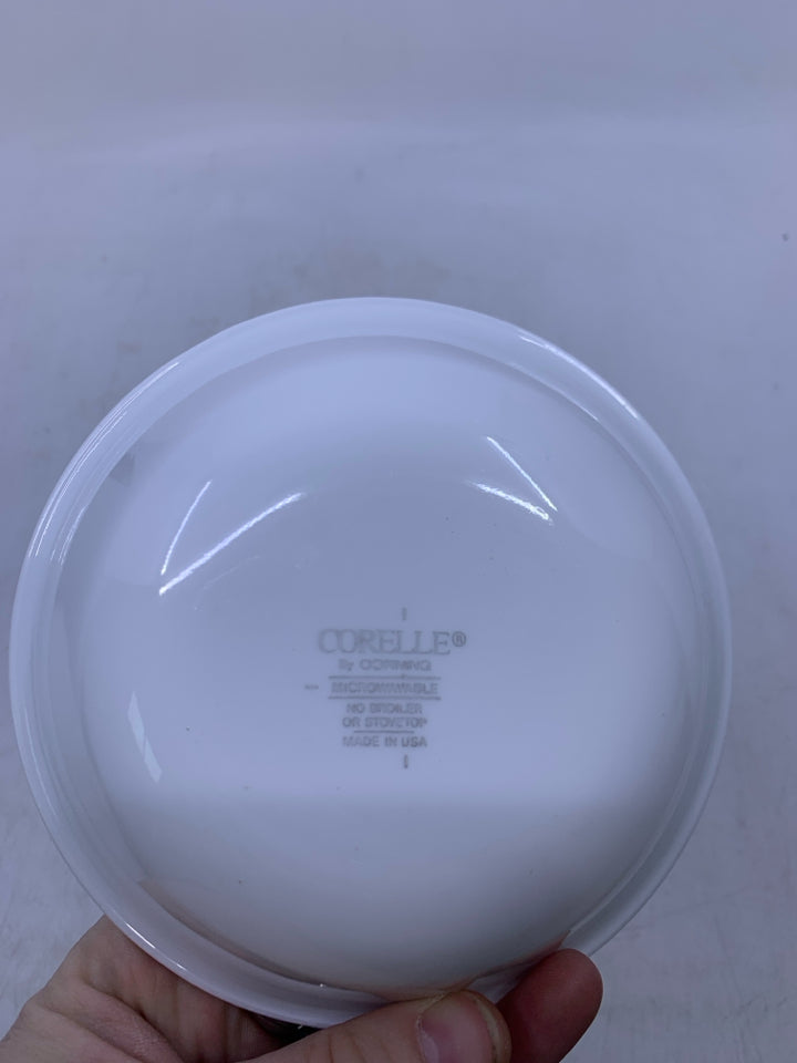 4 WHITE W/ GREEN RIM SNACK BOWLS.