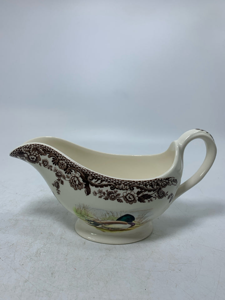 SPODE WOODLAND GRAVY BOAT W/ MALLARD DUCK & SNIPE BIRD BROWN FLORAL BOARDER.
