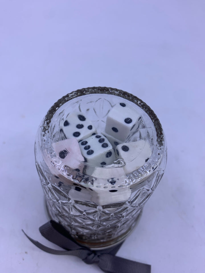BALL JAR W/LID FILLED WITH DICE.