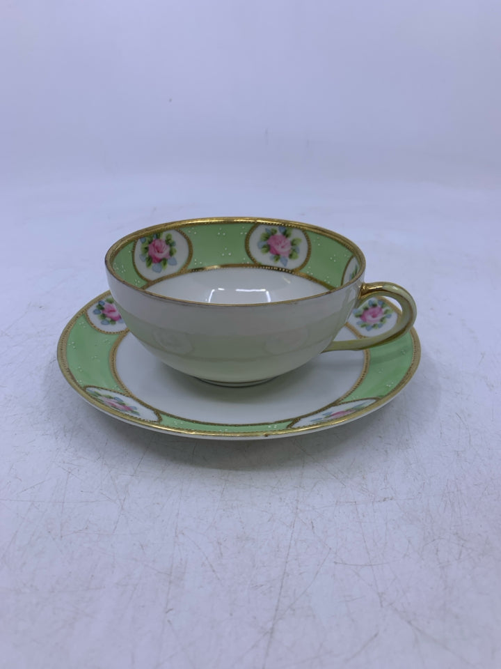 LIGHT GREEN GOLD DETAILS W/ PINK ROSE CUP/SAUCER.