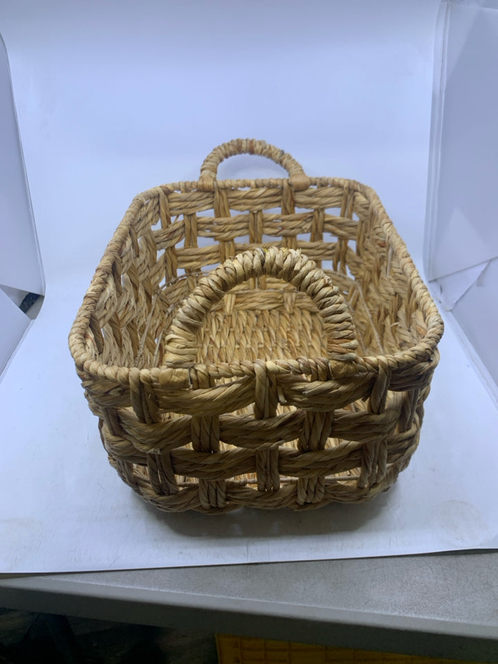 BLONDE RECTANGLE LOOSE WOVEN BASKET W/ HANDLES.