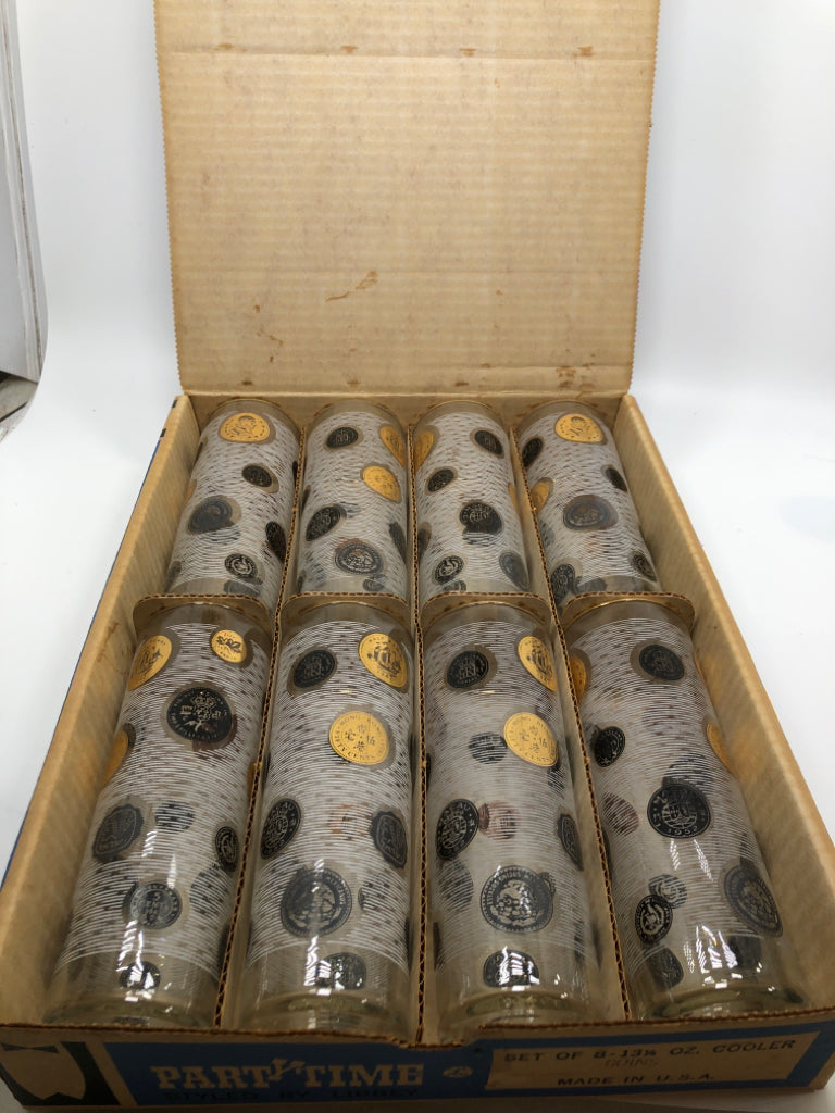 8 VTG COIN PRINTED PARTY TIME GLASSES IN BOX.