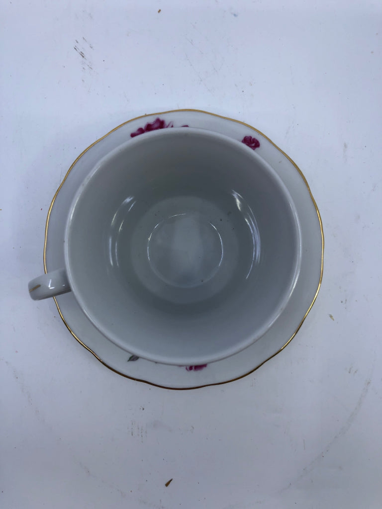 PINK, BLUE ROSE TEACUP AND SAUCER.