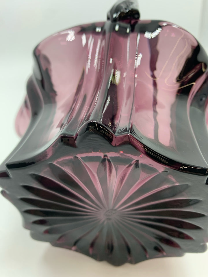 HEAVY PURPLE GLASS BASKET W/TWISTED HANDLE.