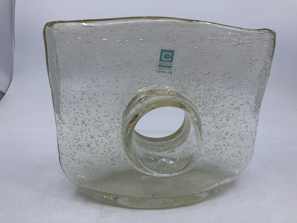BLOWN GLASS BASE W/ BUBBLE DETAIL HOLE TROUGH CENTER.