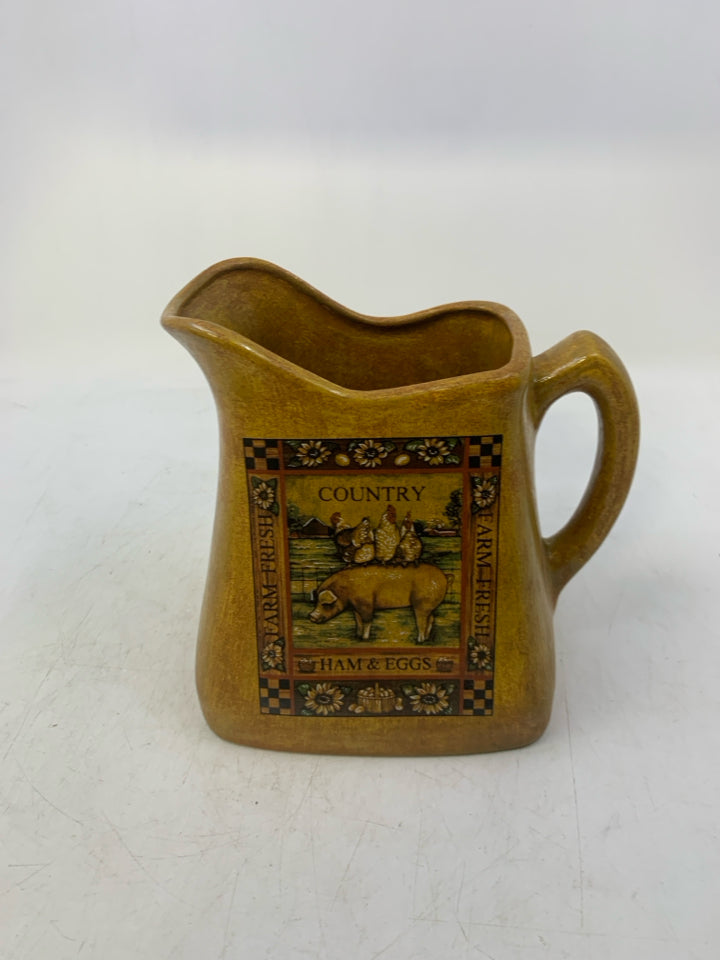 COUNTRY PIG + CHICKENS PITCHER VASE.