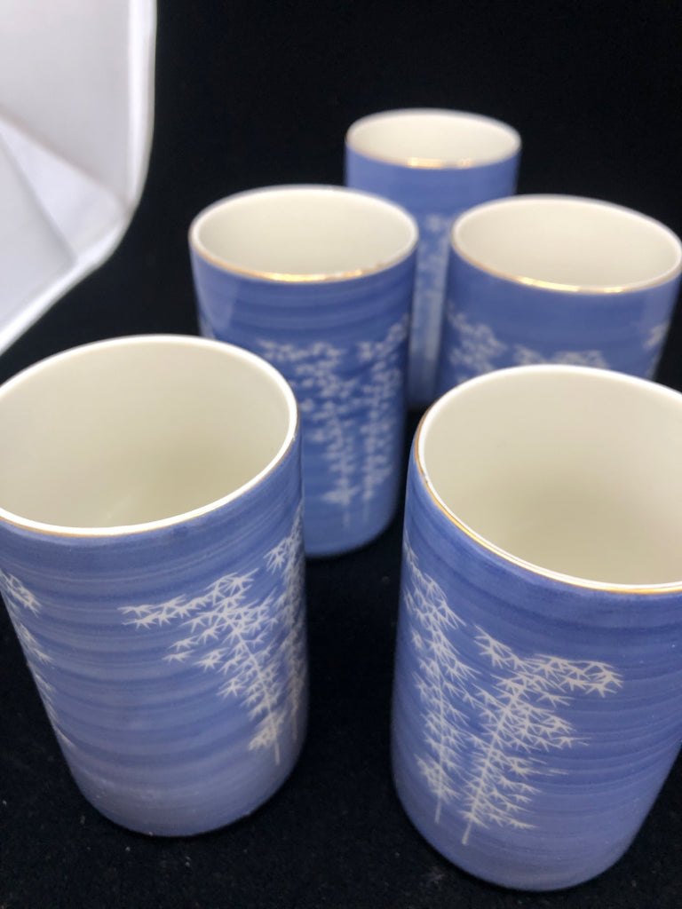 6PC BLUE JAPANESE TEAPOT SET W/PAINTED TREES.