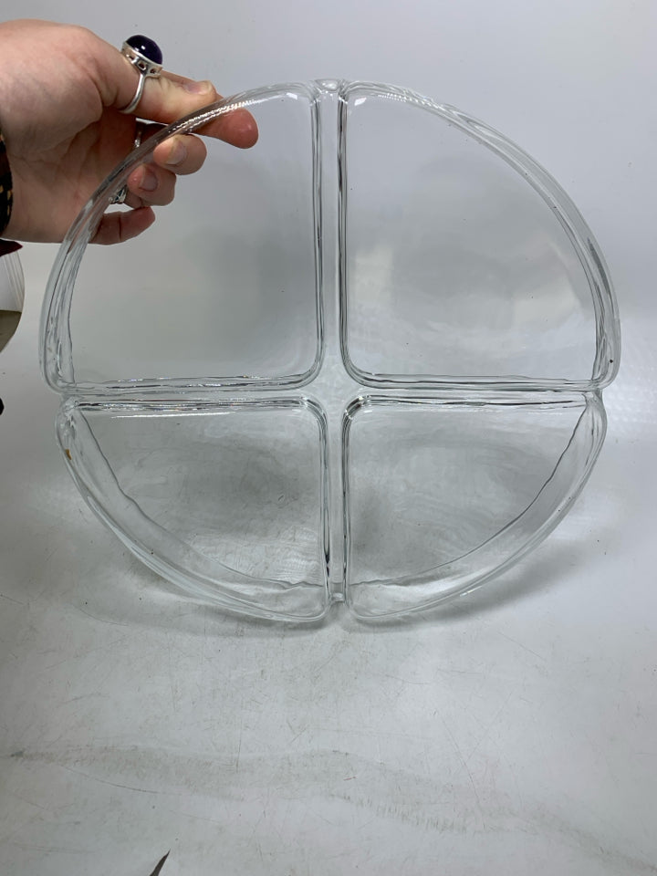 SHALLOW DIVIDED CIRCLE THICK GLASS SERVING PLATTER.