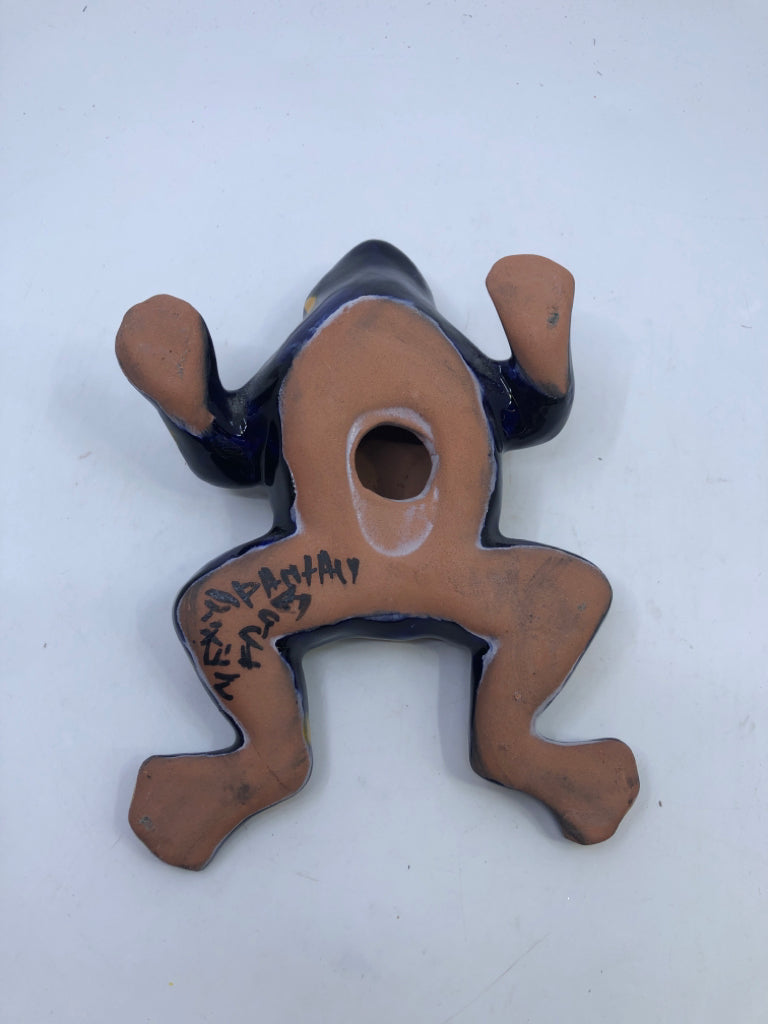 TERRA COTTA BLUE AND YELLOW FROG.