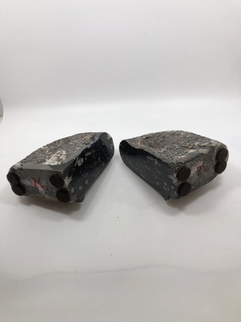 2 HEAVY CARVED STONE BOOK ENDS.