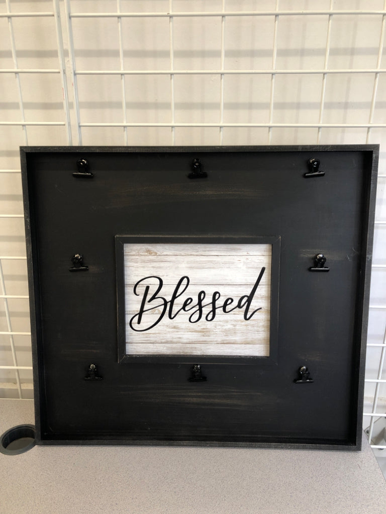 "BLESSED" PHOTO HOLDER W/BLACK DISTRESSED WOOD BG.