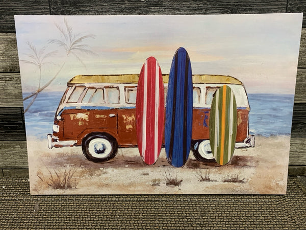 RED VAN W/ 3 SURF BOARDS CANVAS WALL ART.
