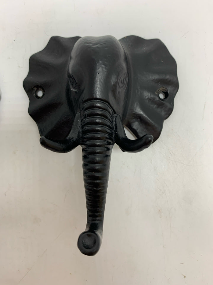 2 BLACK METAL ELEPHANT WALL HOOKS.