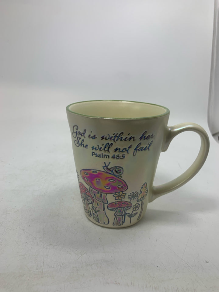 BIBLE VERSE W/ MUSHROOMS MUG.