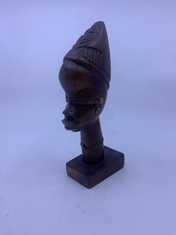 WOOD CARVED WOMAN ON STAND METAL ACCENTS MADE IN HAITI.