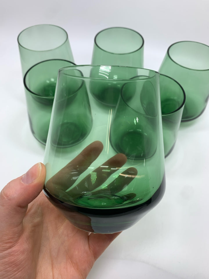 6PC GREEN STEMLESS WINE GLASSES.
