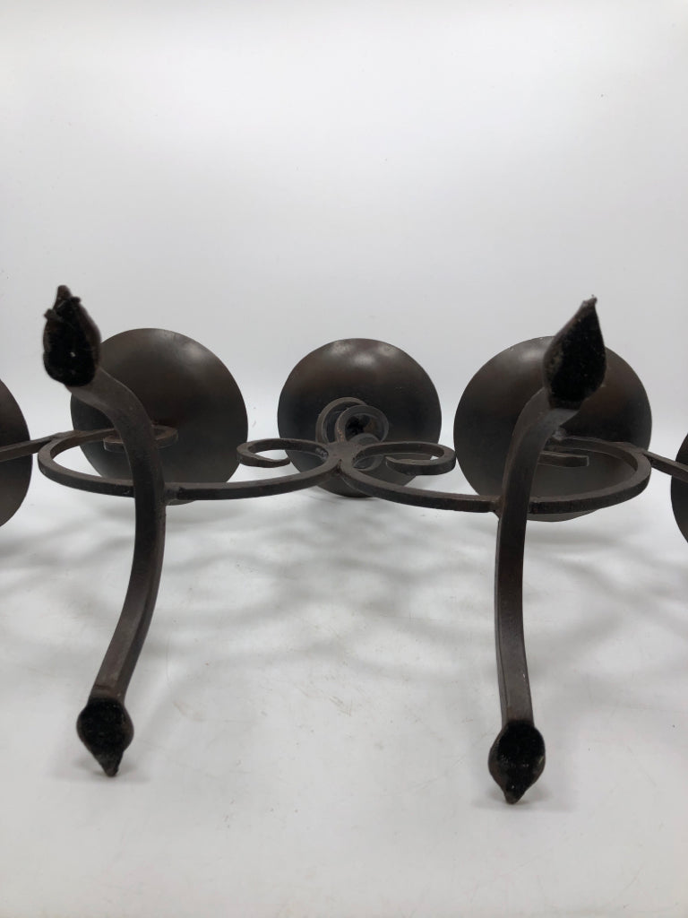 BROWN SCROLL METAL 5 SPOT PILLAR CANDLE HOLDER.
