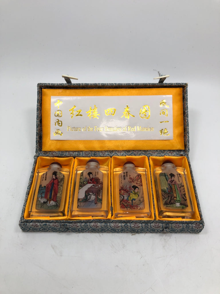 4 BEAUTIES OF RED MANSION CHINESE PAINTED EMPTY BOTTLES IN BOX.