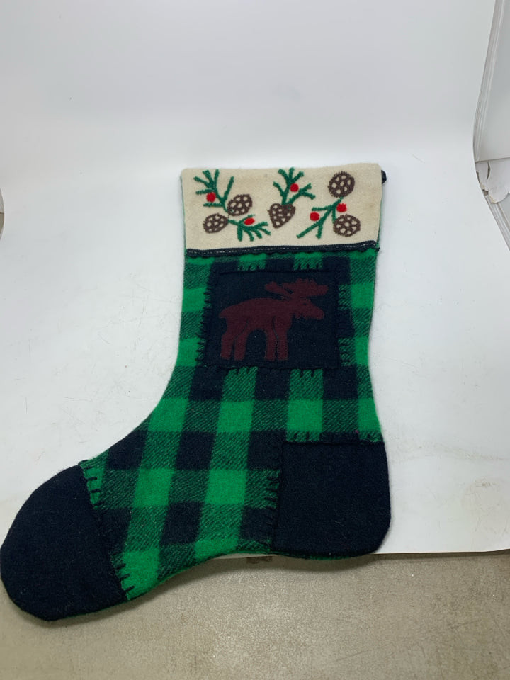 VTG WOOL GREEN PLAID STOCKING W/ STANDING MOOSE .