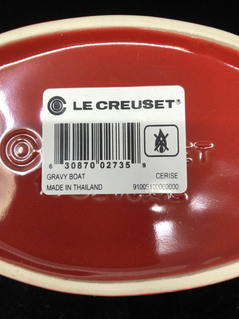 NIB RED GRAVY BOAT WITH SAUCER-LE CREUSET.