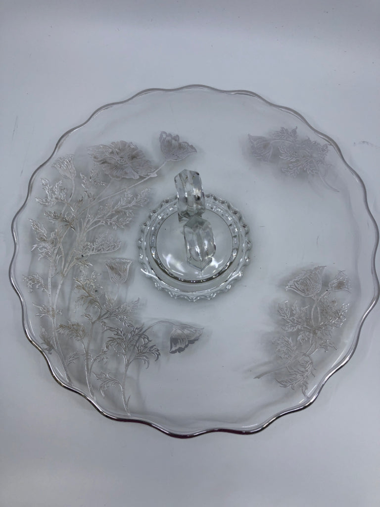 VTG GLASS PLATTER W/ HANDLE IN CENTER SILVER FLORAL DESIGN SCALLOP EDGE.