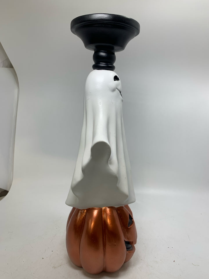 JACKO LANTERN GHOST STACKED TALL PILLAR CANDLE HOLDER.