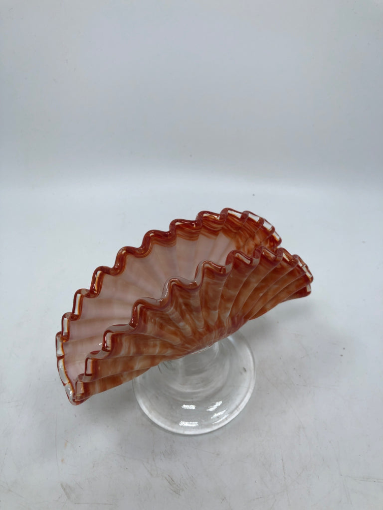 VTG ORANGE BLOWN GLASS FANNED PEDESTAL NAPKIN HOLDER.