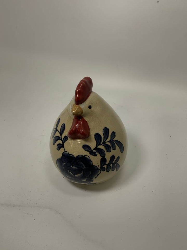 TAN CERAMIC CHICKEN W/ BLUE PAINTED ROSE.