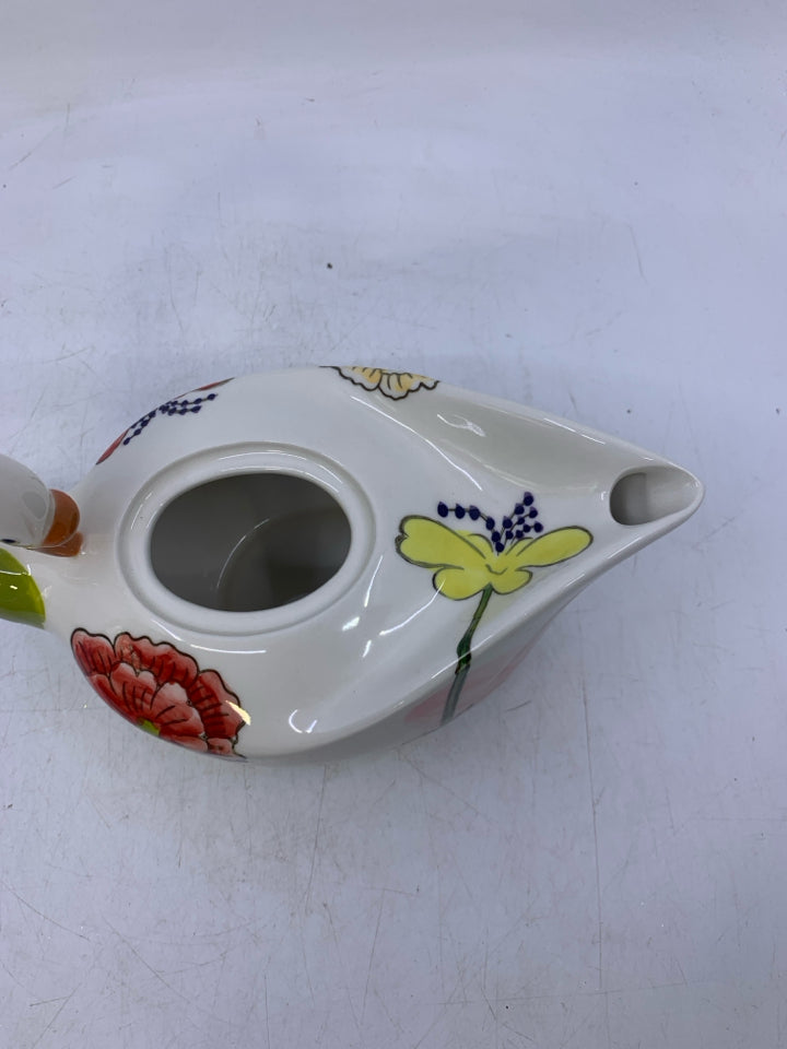 SWAN SHAPED W/ COLORFUL FLOWERS.