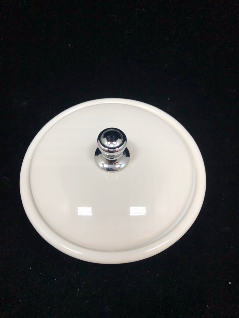 WHITE CERAMIC CANISTER W/LID AND CHROME BASE.